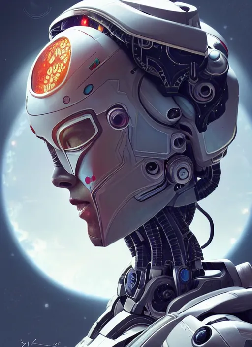 Image similar to symmetry!! portrait of a hybrid robot astronaut, round machine face, floral! horizon zero dawn machine, intricate, elegant, highly detailed, digital painting, artstation, concept art, smooth, sharp focus, illustration, art by artgerm and greg rutkowski and alphonse mucha, 8 k