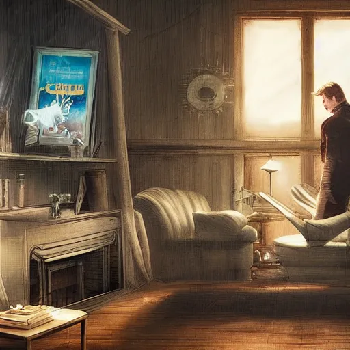 Image similar to ewan mcgregor is having a coffee in a draw room, white cat, huge bookshelf at the background, fireplace, digital art, very detailed, extreme long shot, atmosphere, dramatic lighting, epic composition, wide angle, by miyazaki, nausicaa ghibli, breath of the wild