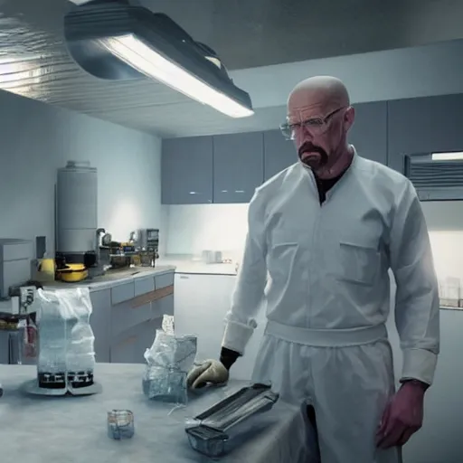 Image similar to Walter white making meth while Elon musk is tastes it. 8k ultra realistic, award winning, unreal engine 5, masterpiece, atmosphere glow, hyperrealistic, focused, extreme details, cinematic