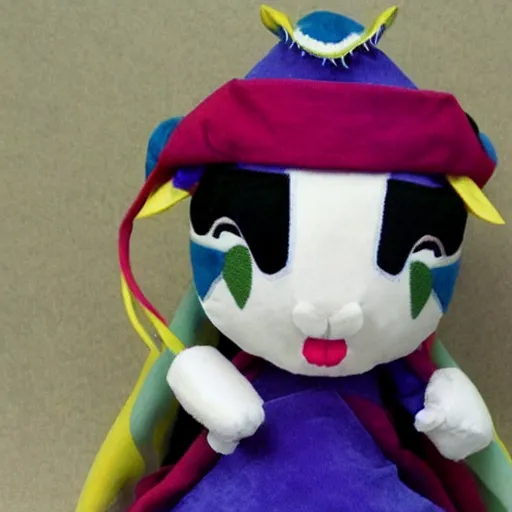 Prompt: cute fumo plush of the court jester who knows far more intrigue than she lets on, anime girl
