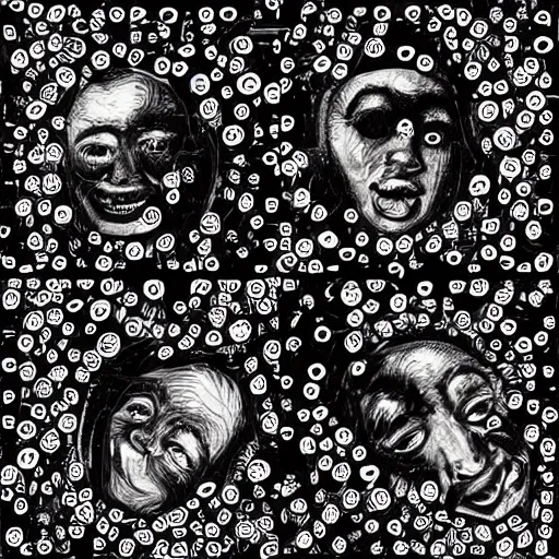 Image similar to abstract black and white stochastic equations showing human faces (psychedelic), showing happiness and sadness