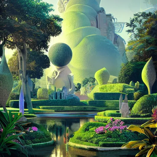 Image similar to beeple painting of a magnificent garden filled with remarkable sculptures, trees, and structures, incredible details