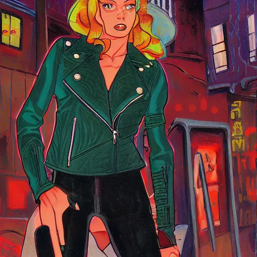 Image similar to young female protagonist in leather jacket, city street, artwork by ralph bakshi