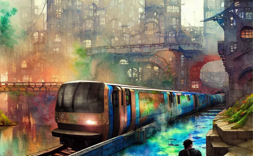 Image similar to an urban train rides inside of a waterway on a fantasy city. intricate, amazing composition, colorful watercolor, by ruan jia, by maxfield parrish, by marc simonetti, by hikari shimoda, by robert hubert, by zhang kechun, illustration, gloomy