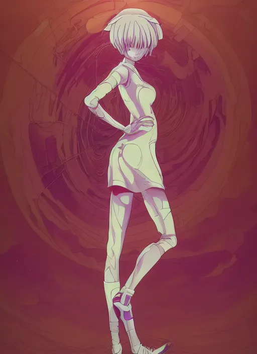 Image similar to a ultra beautiful detailed line art illustration of rei ayanami, centered, by dan mumford and moebius and beeple, trending on artstation, pastel color, dim dusk lighting, cinematic lighting, detailed lighting, volumetric lighting, realistic, f 8, 4 k hd wallpaper, poster, yellow and purple color scheme