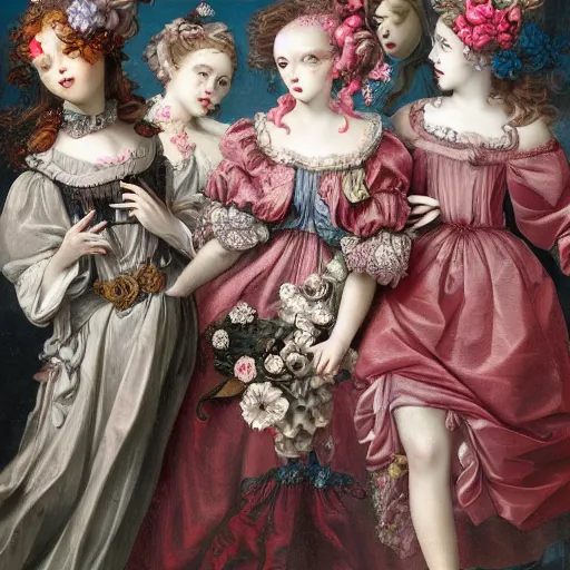 Image similar to 8k, realism, renaissance, rococo, baroque, group of creepy young ladies wearing renaissance long harajuku manga dress with flowers and skulls, background chaotic flowers