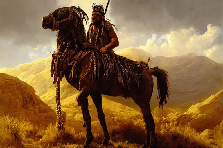 Image similar to a full length extremely detailed masterpiece painting of one rugged warrior american native ute with a feather in his head - ban sitting on his painted war horse surveying a rugged utah mountains, in the style of charles marion russell, insanely detailed, extremely moody lighting, glowing light and shadow, atmospheric