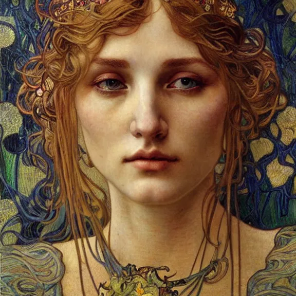 Image similar to detailed realistic beautiful young medieval queen face portrait by jean delville, alphonse mucha, vincent van gogh, and marco mazzoni, art nouveau, symbolist, visionary, gothic, pre - raphaelite