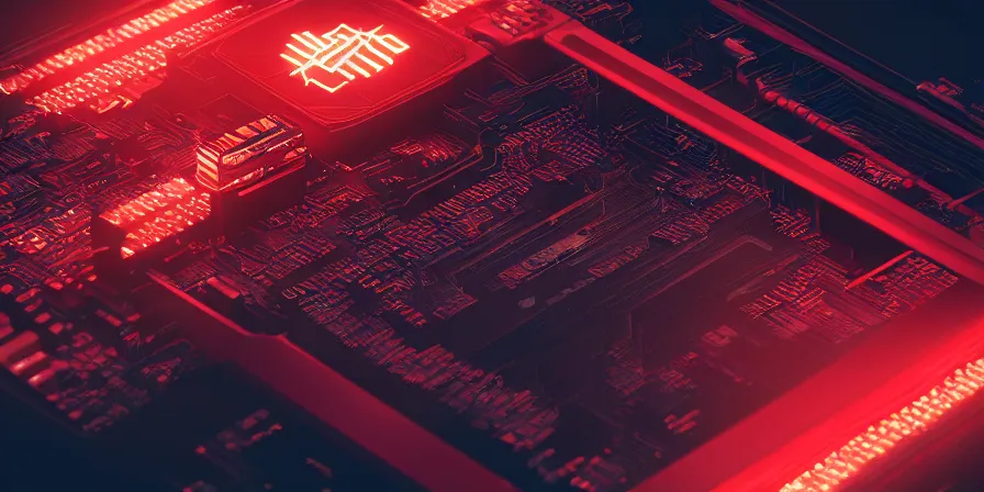 Prompt: “cinematic picture of a red cyberpunk computer chip on a black table, Arasaka Relic, cyberpunk 2077, 8k, octane render, wallpaper”