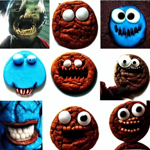 Image similar to demonic cookie monster, evil, portrait, scary, creepy. detailed. realistic.