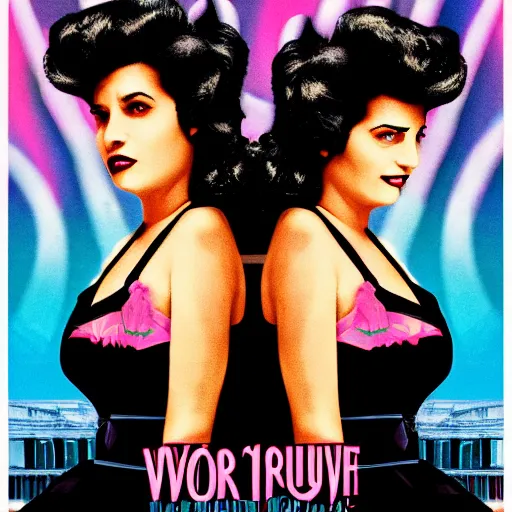 Image similar to vapor wave movie poster of two women on the run from the mob