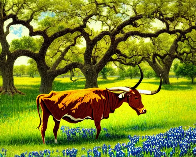Prompt: an impressionistic painting of a texas longhorn under huge oak tree with spreading branches covering canvas in a field of bluebonnets, in the style of albert bierstadt, digital art, super long shot, concept art