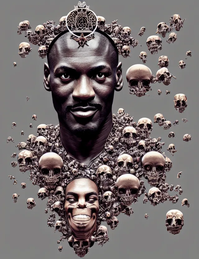 Image similar to symmetrical, centered, zbrush sculpt of michael jordan close - up portrait with crown made of skulls. phoenix betta fish, phoenix, bioluminiscent creature, super intricate ornaments artwork by tooth wu and wlop and alena aenami and greg rutkowski