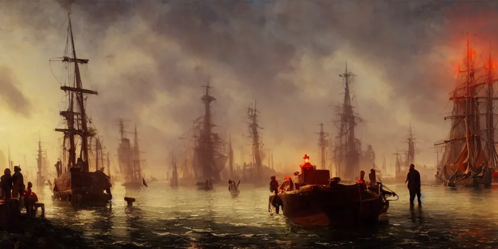 Image similar to a seaport in 1 9 4 0 with red light on, sunny day, a men stand up next to the edge, oil on canvas, art by andreas achenbach, clemens ascher, tom bagshaw and sabbas apterus,