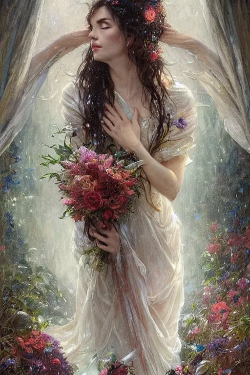 Image similar to portrait of a beautiful mysterious woman holding a bouquet of flowing flowers, drenched clothing, wet dripping long hair, hands hidden under the bouquet, emerging from the water, fantasy, regal, intricate, by stanley artgerm lau, greg rutkowski, thomas kindkade, alphonse mucha, loish, norman rockwell