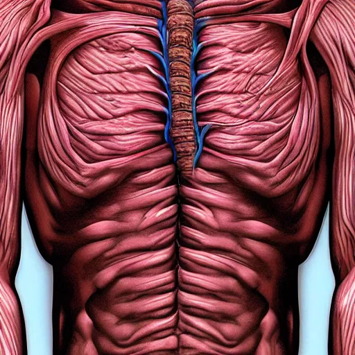 Prompt: A man looking down at a heart-shaped cavernous hole in his chest surrounded by veins and organs, hyperdetailed, hyperrealism, moody, gloomy