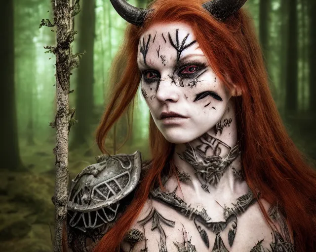 Prompt: 5 5 mm portrait photo of an armored redhead woman warrior with a face tattoo and horns growing from her head, in a magical forest. by luis royo. highly detailed 8 k. intricate. lifelike. soft light. nikon d 8 5 0. cinematic post - processing