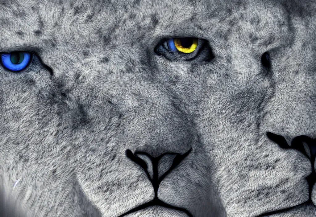 Image similar to a close up of a lion's face with blue eyes, an album cover by jacob toorenvliet, featured on behance, cubo - futurism, rendered in cinema 4 d, sketchfab, rendered in maya