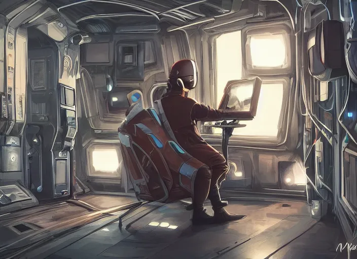 Prompt: a man sitting on a chair with things attached to his head, screens and monitors in front of him playing videos, ship interior, narrow hallway, scifi, dramatic lighting, dark, spotlight, surreal, by magali villeneuve