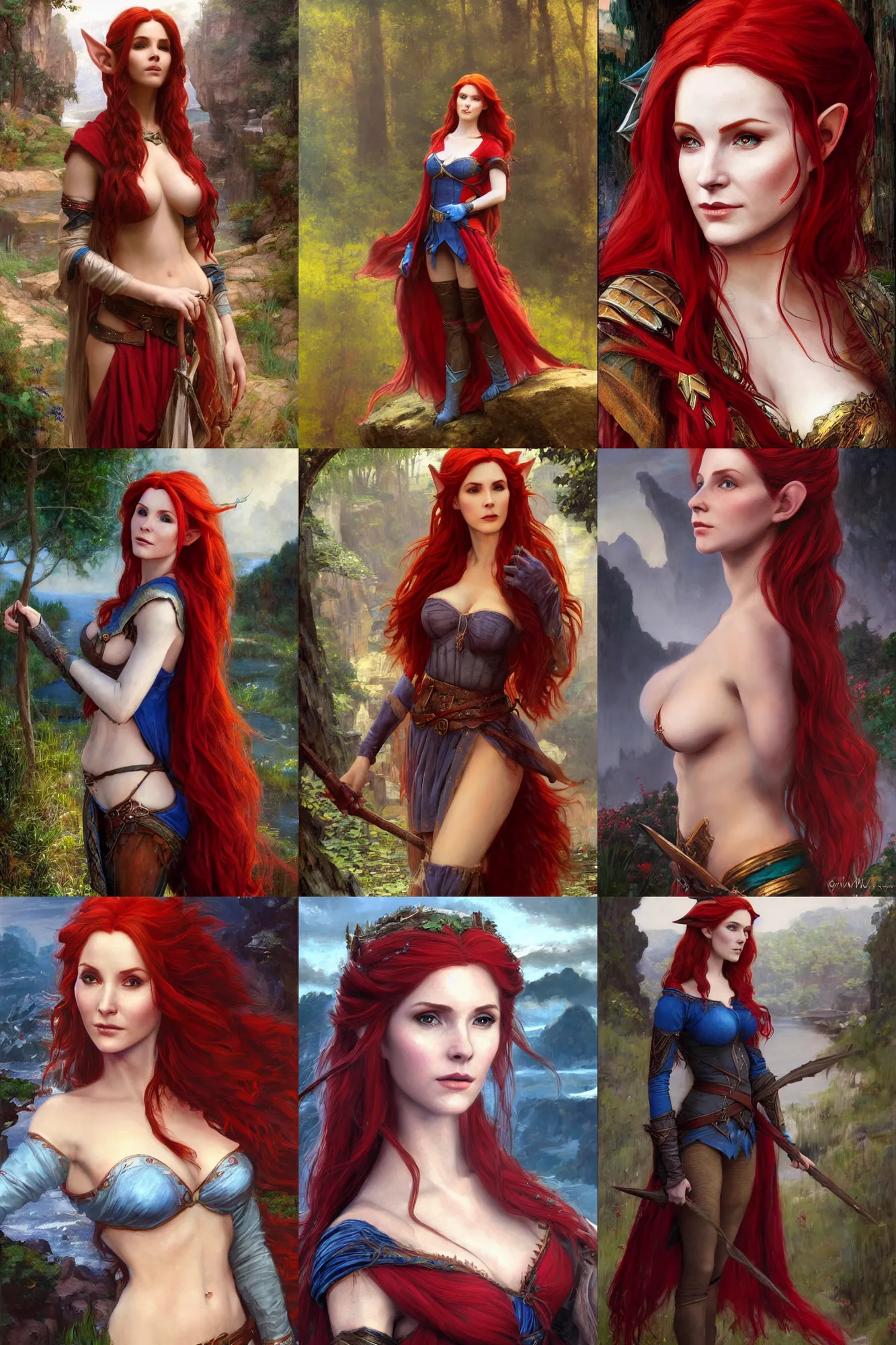 Prompt: alluring matte painting portrait of beautiful elf ( triss from witcher 3 ) flowing red hair wearing chesty fantasy outfit and a blue cloak, very detailed, realistic, by john william waterhouse and james gurney and theodore ralli and nasreddine dinet, oil on canvas. cinematic