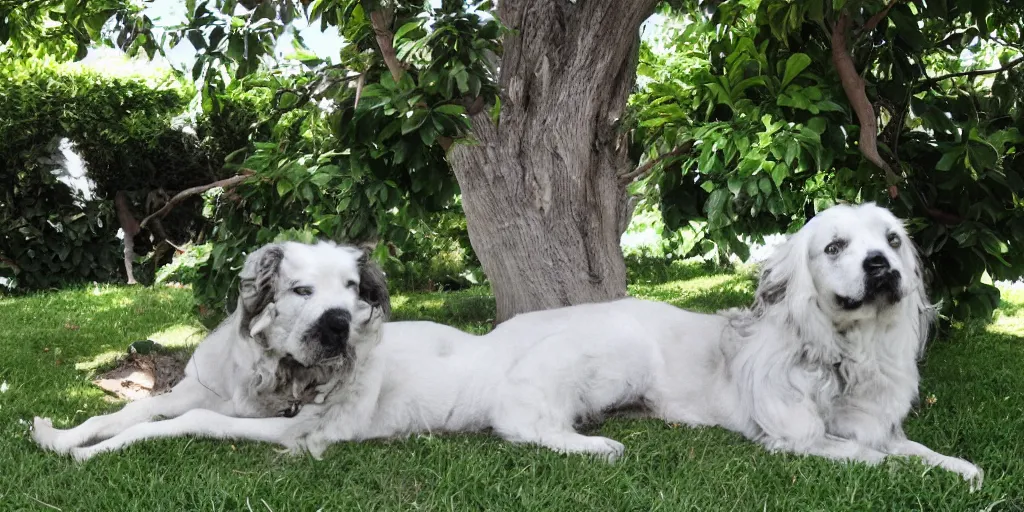 Prompt: newton cools off under a tree full of gardenias