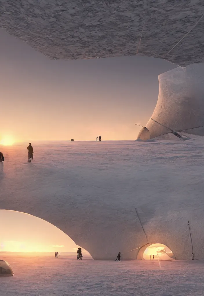 Image similar to Multiple tunnels in antartica with a transparent roof that shows a beautiful sunset, multiple people in the tunnels around campfires and futuristic igloos, facinating, fantasy digital art, octane render, beautiful composition, trending on artstation, award-winning photograph, masterpiece