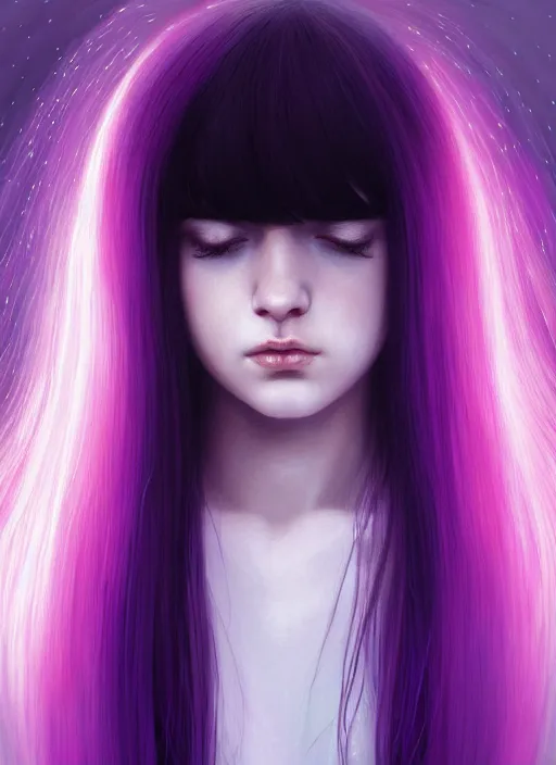 Image similar to hair whitebangs hair, black hair, whitebangs, portrait of teenage girl with white bangs, red irises, purple clothes, white bangs, bangs are different color from hair, intricate, elegant, glowing lights, highly detailed, digital painting, artstation, concept art, smooth, sharp focus, illustration, art by wlop, mars ravelo and greg rutkowski