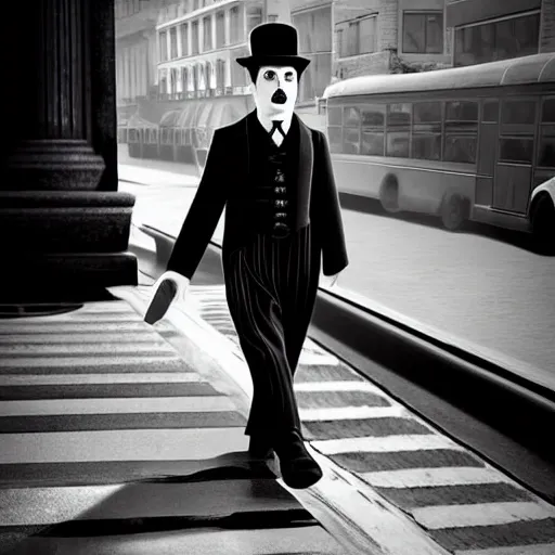 Prompt: charlie chaplin at a bus stop, black and white color aesthetic, highly detailed, photorealistic portrait, bright studio setting, studio lighting, crisp quality and light reflections, unreal engine 5 quality render