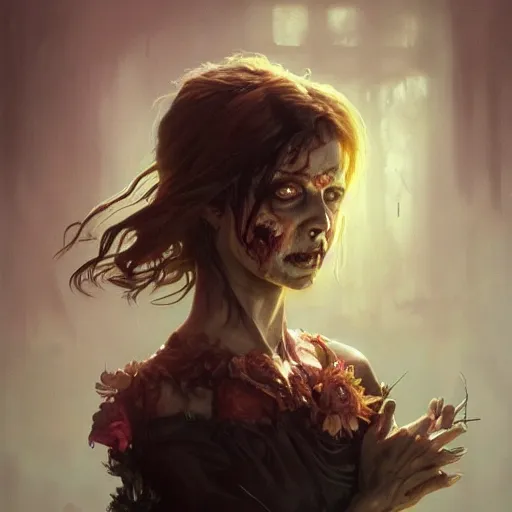 Prompt: beautiful zombie, oil painted character portrait, highly detailed, digital painting, artstation, concept art, sharp focus, illustration, art by artgerm and greg rutkowski and alphonse mucha