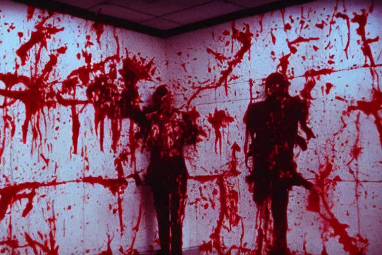 Prompt: filmic wide shot angle movie still 35mm film color photograph of a decapitated doctor with blood spewing from his neck and splattered blood all over the walls in a science lab in the style of a 1982 horror film