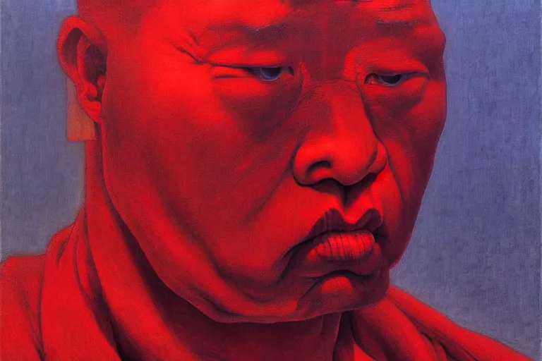 Prompt: a chinese prisoner, in the style of beksinski, parts by edward hopper, parts by rodcenko, parts by yue minjun, parts by glenn brown, intricate and epic composition, symmetrical, red by caravaggio, insanely quality, highly detailed, masterpiece, red light, chiaroscuro, artstation, 4 k