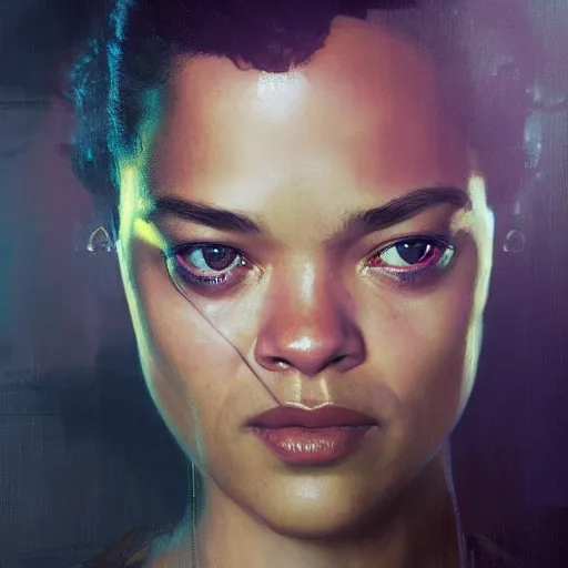 Image similar to tessa thompson, hyperrealistic portrait, bladerunner street, art of elysium by jeremy mann and alphonse mucha, fantasy art, photo realistic, dynamic lighting, artstation, poster, volumetric lighting, very detailed face, 4 k, award winning