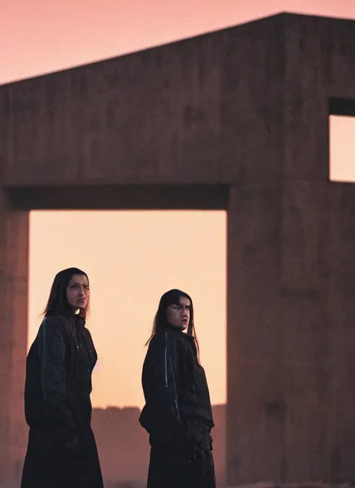 Image similar to cinestill 5 0 d photographic portrait of two loving female androids wearing rugged black techwear on a desolate plain with a red sky in front of a brutalist structure by steve mccurry, extreme closeup, cyberpunk style, dust storm, 8 k, hd, high resolution, 3 5 mm, f / 3 2, ultra realistic faces, ex machina