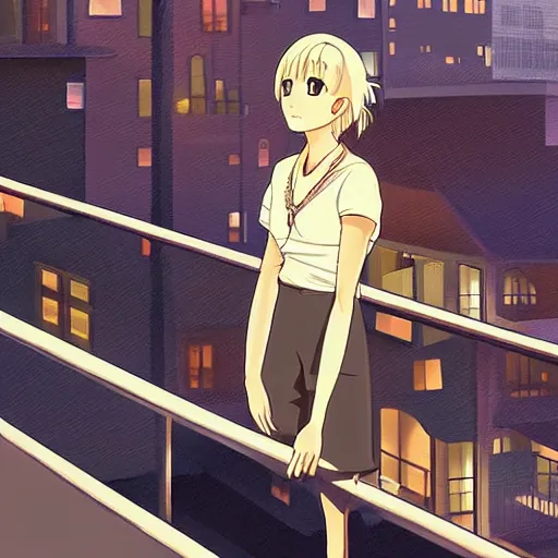 Prompt: a blonde, ponytailed woman stands on her balcony looking out at a city street at night, anime style