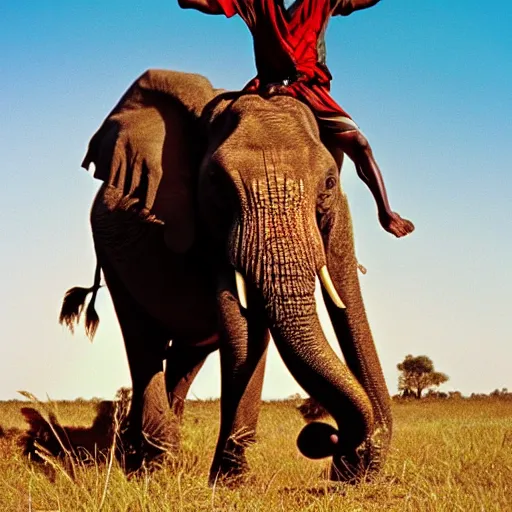 Image similar to film matrix ( 1 9 9 9 ) film still of shot of an tribal african man riding an elephant alone on the savannah, extreme long shot, 4 k, award winning