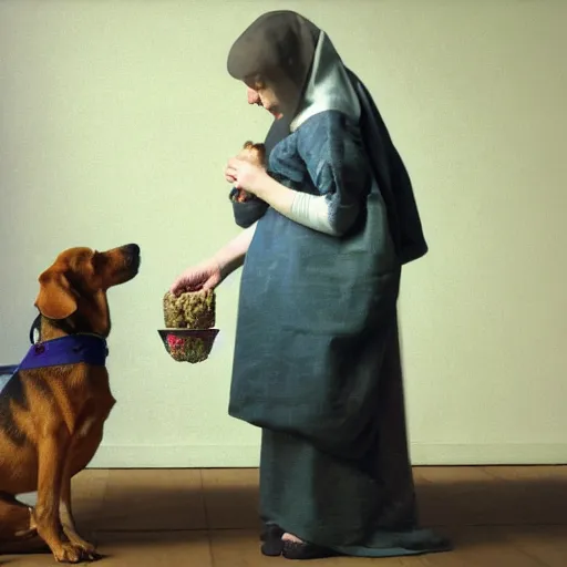 Image similar to dog feeding his pet human, an ultra high definition professional studio quality photograph, trending on artstation, vermeer.