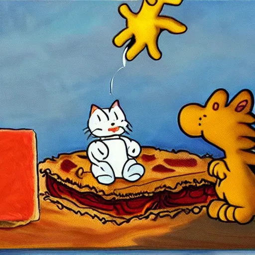 Prompt: creation of adam painting with garfield the cat and lasagna