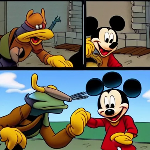 Image similar to Mickey Mouse talking with Master Splinter from TMNT, Disney style,