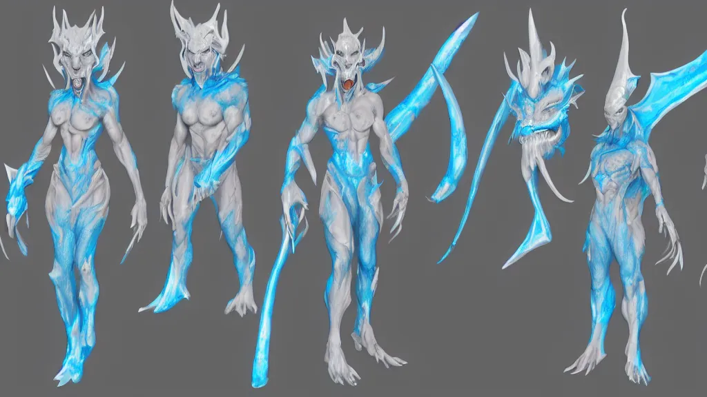 Image similar to a fantasy white and pale blue draconian demon with bright eyes character design sheet, trending on artstation