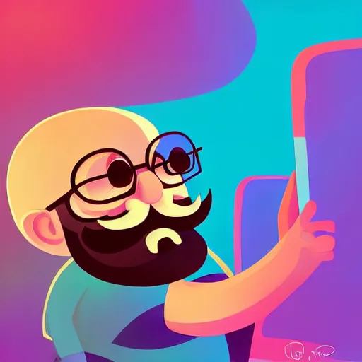 Image similar to curled perspective digital art of a cute smiling beard grandpa cartoon character taking a photo to a baby girl by anton fadeev