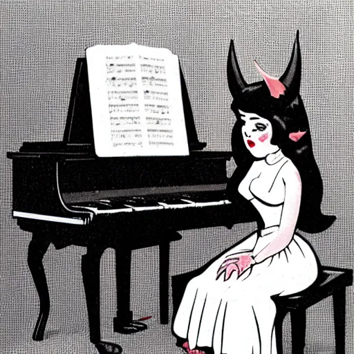Image similar to vintage beautiful woman with devil horns, wearing an black dress and sitting in an piano, retro cartoon