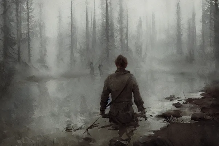Prompt: watercolor painting of scandinavian bog, reflective, fog, ambient lighting, art by anders zorn, wonderful masterpiece by greg rutkowski, cinematic light, american romanticism by greg manchess, creation by tyler edlin, sloppy and quick, sketched mockup auqarelle, paint splashes, splashed dripping ink