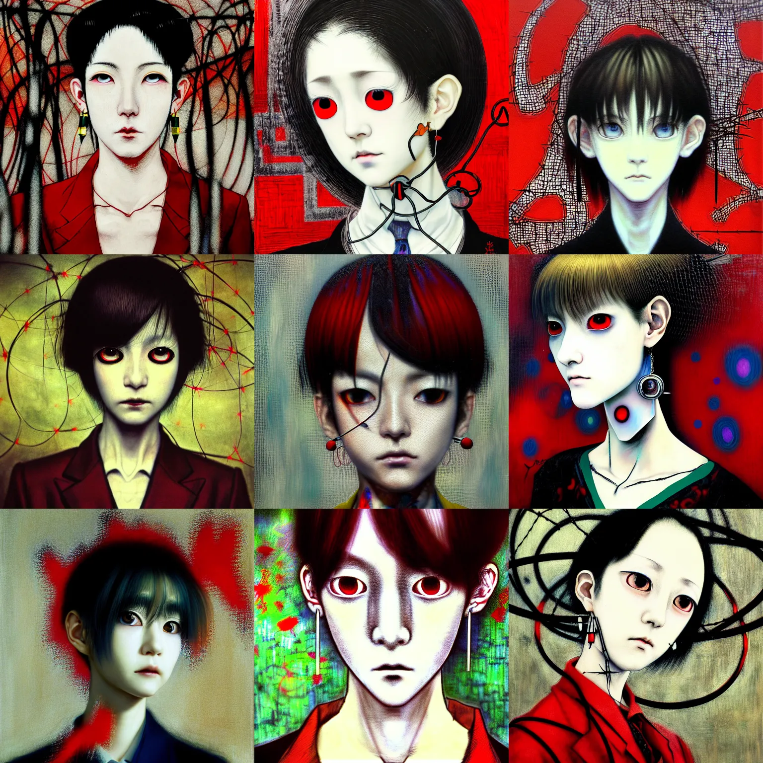 Image similar to yoshitaka amano blurred and dreamy realistic three quarter angle portrait of a sinister young woman with short hair, big earrings, barbed wire and red eyes wearing office suit with tie, junji ito abstract patterns in the background, satoshi kon anime, noisy film grain effect, highly detailed, renaissance oil painting, weird portrait angle, blurred lost edges