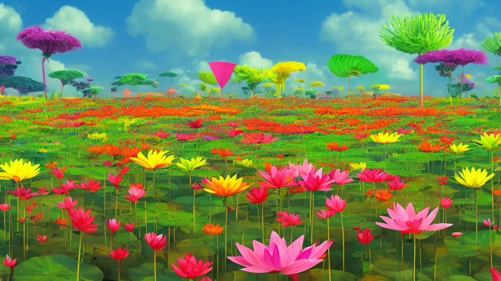 Prompt: digital illustration of a field of multi - colored megaflora lotus flowers by dr. seuss, reimagined by ilm and beeple : 1 | spectral color, electric color, rolling hills : 0. 9 | fantasy : 0. 9 | unreal engine, deviantart, artstation, hd, 8 k resolution : 0. 8