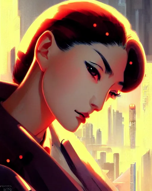 Image similar to portrait Anime 1940s Detective Neon cybernetic cute fine face, pretty face, realistic shaded Perfect face, fine details. Anime. cyberpunk realistic shaded lighting by katsuhiro otomo ghost-in-the-shell, magali villeneuve, artgerm, rutkowski Jeremy Lipkin and Giuseppe Dangelico Pino and Michael Garmash and Rob Rey