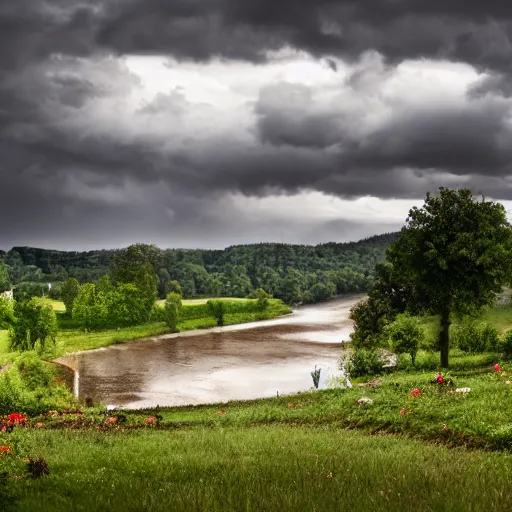 Prompt: dordogne typical landscape, hills in the background, summer, river, ultra detailed, ultra sharp, award winning. 8 k, flowers, trees, old house, thunderstorm and rain, very dark clouds. heavy rain, octane render.