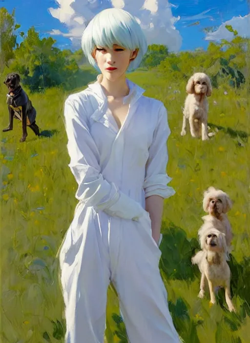 Image similar to Greg Manchess painting of Rei Ayanami in Jumpsuit out with the dogs, countryside, fantasy character portrait, dynamic pose, above view, sunny day, thunder clouds in the sky, artwork by Jeremy Lipkin and Giuseppe Dangelico Pino and Michael Garmash and Rob Rey, very coherent asymmetrical artwork, sharp edges, perfect face, simple form, wacky, 100mm