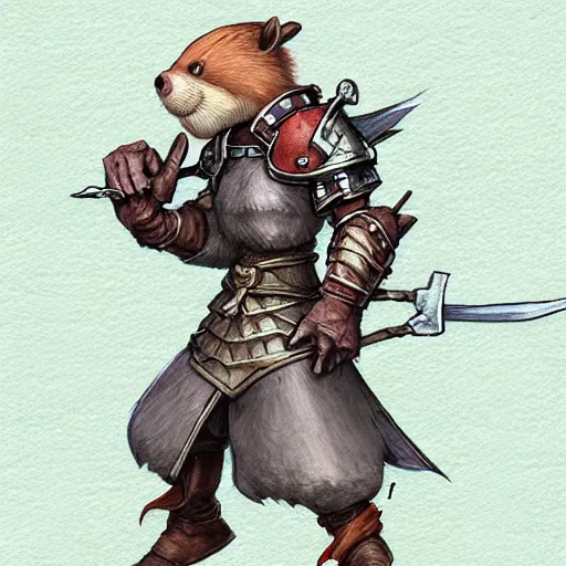 Prompt: heroic character design of anthropomorphic beaver, whimsical beaver, portrait of face, holy crusader medieval, final fantasy tactics character design, character art, whimsical, lighthearted, family friendly, colorized pencil sketch, highly detailed, Akihiko Yoshida,