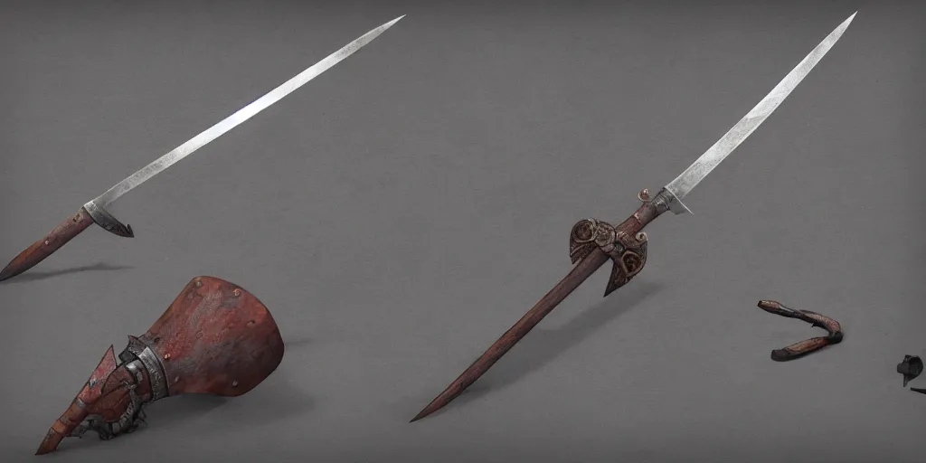 Prompt: basic steel sword, shortsword, wood, leather, medieval, forged, blacksmith, product design, final result, art by gerald brom, greg rutkowski and artgerm and james jean and zdzisław beksinski, 8 k, unreal engine, c 4 d