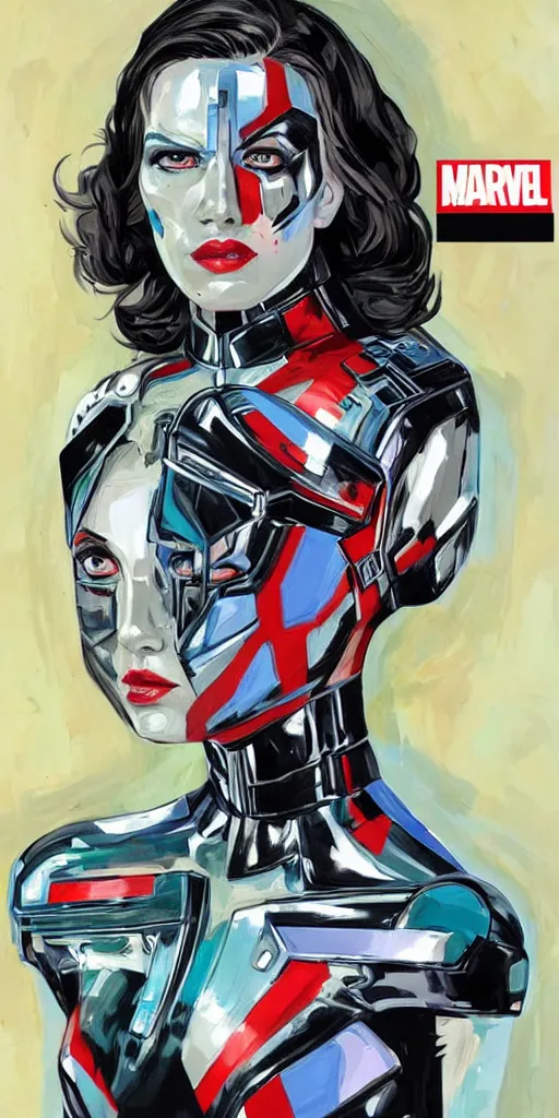 Image similar to full body painting of a female android, by MARVEL comics and Sandra Chevrier